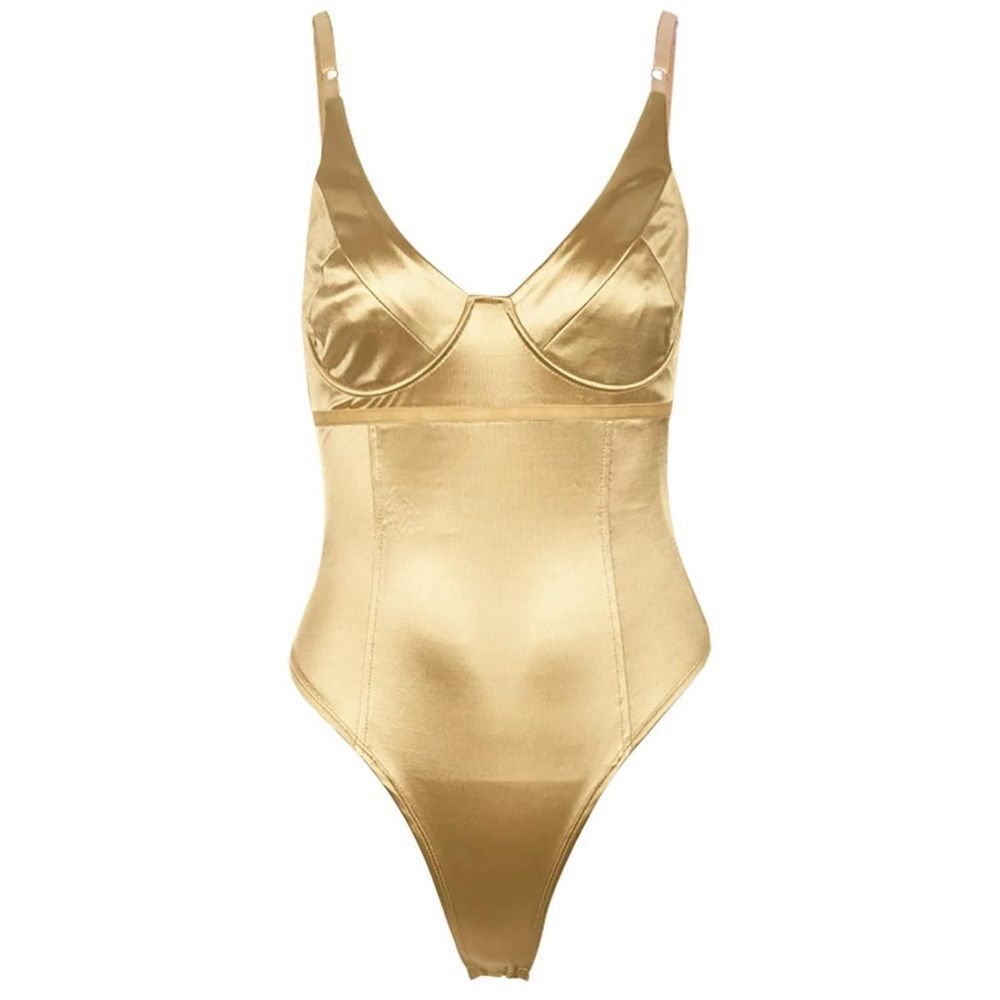 Women’s Sleeveless Bodysuit Gold Satin Night Out Leotard with Underwire. - Picture 8 of 8